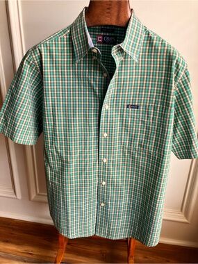 Chaps Men’s Large Green Plaid Short Sleeve Button Down Shirt Easy Care